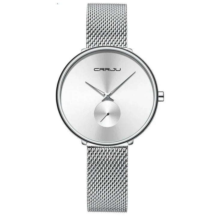 Silver CRRJU minimalist wristwatch with mesh band and small seconds subdial
