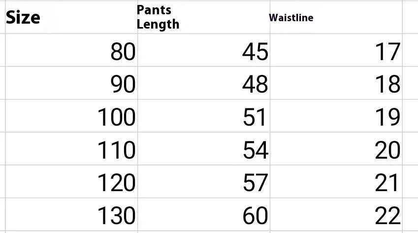 Size chart table showing pants length and waistline measurements for sizes 80 to 130