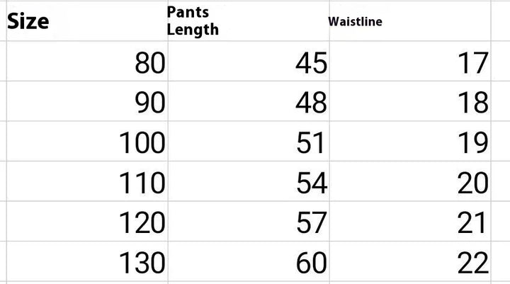Size chart table showing pants length and waistline measurements for sizes 80 to 130