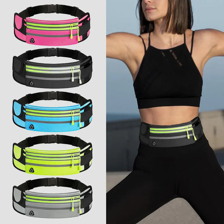 Five colorful running belts with zippers; woman wearing black outfit modeling gray reflective running belt