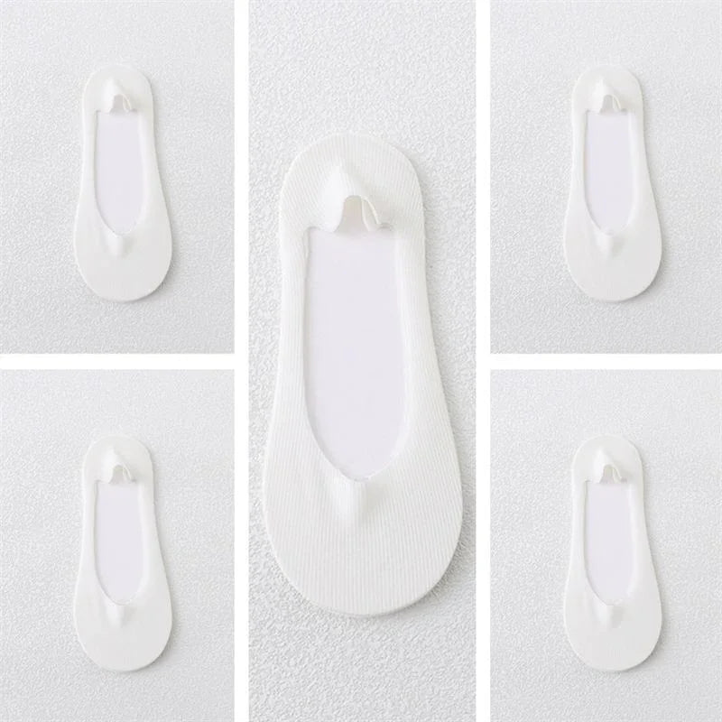White no-show low cut socks displayed in five sections on textured white background