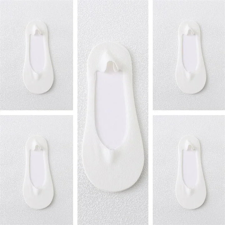 White no-show low cut socks displayed in five sections on textured white background