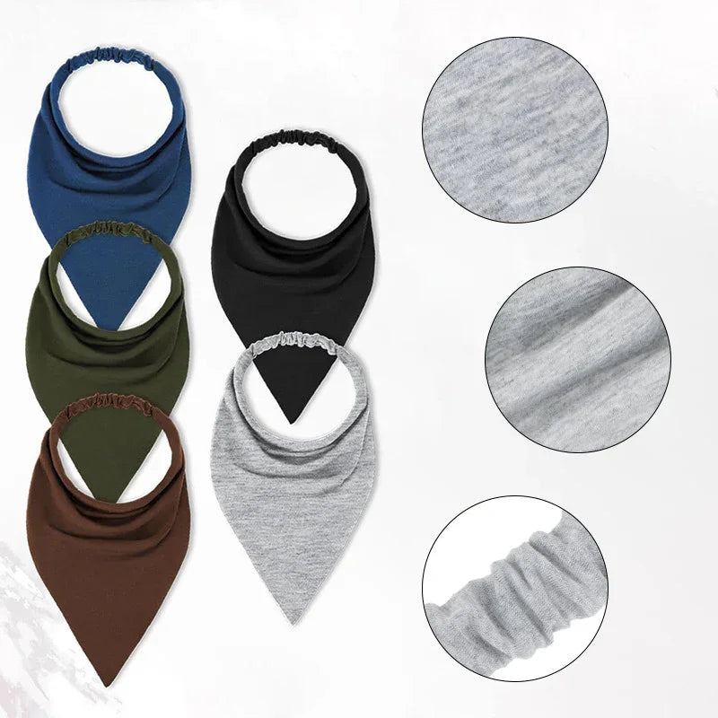 Set of five elastic fabric bandana bibs in blue, black, green, brown, and gray with detailed fabric close-ups