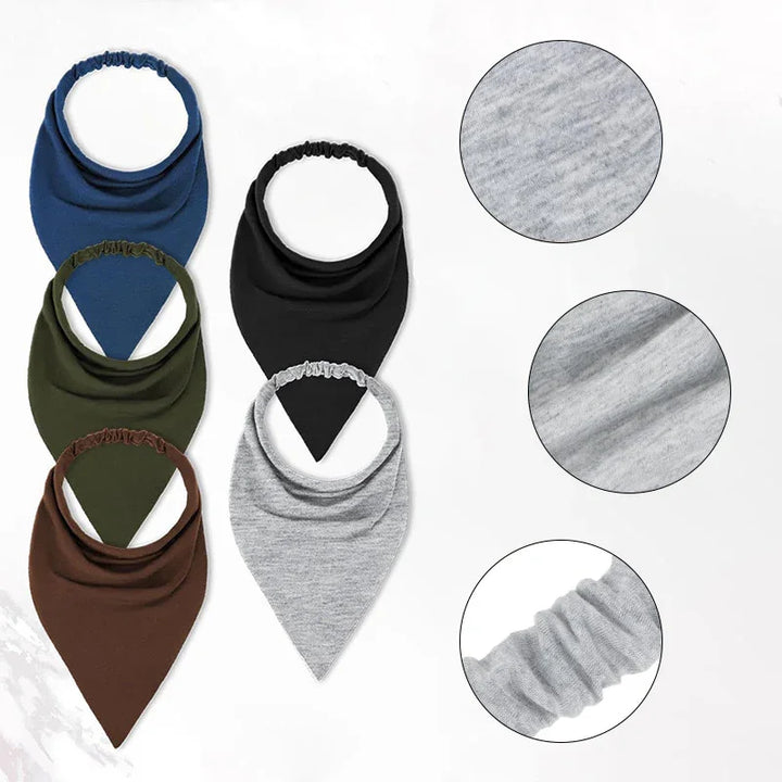 Set of five elastic fabric bandana bibs in blue, black, green, brown, and gray with detailed fabric close-ups