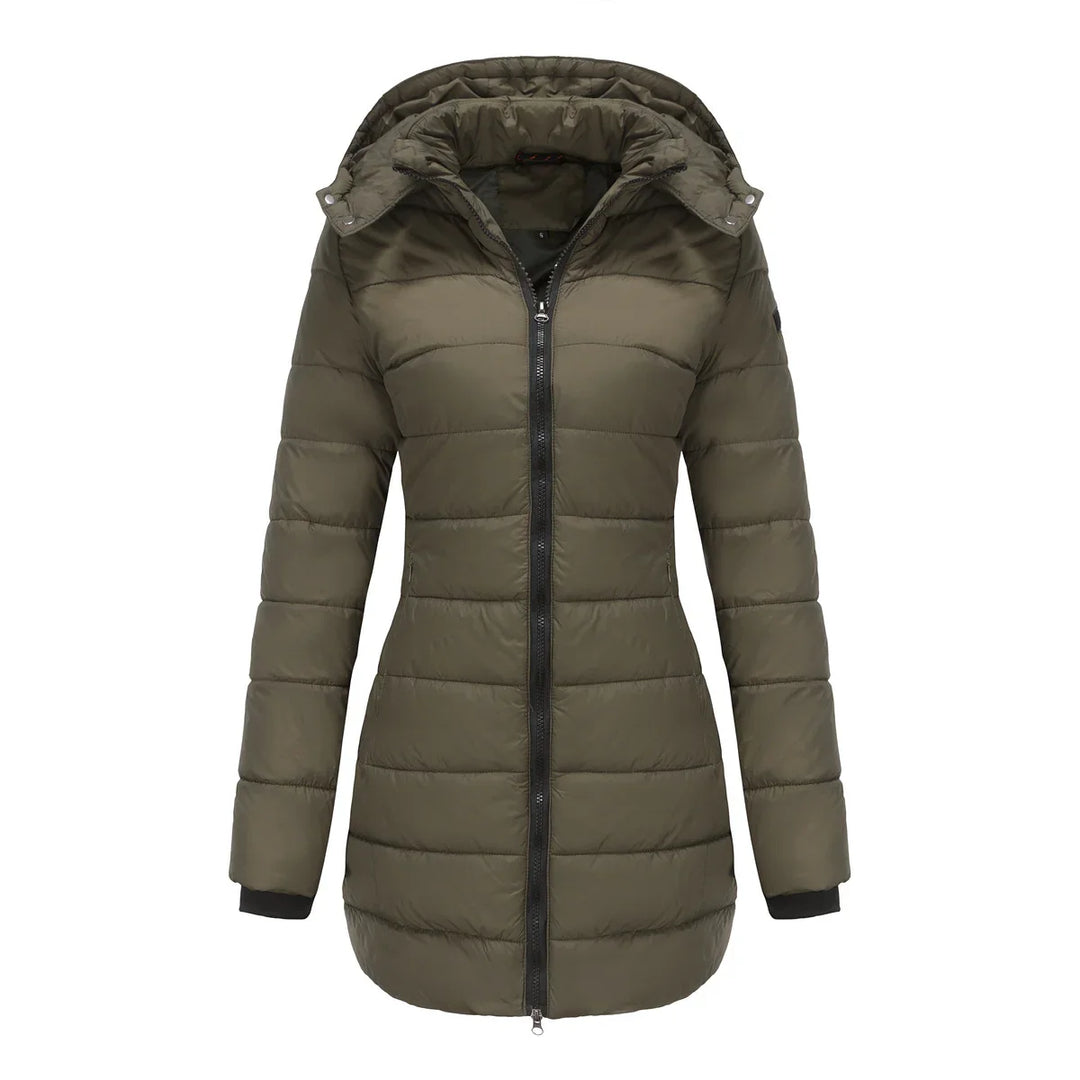 Women's olive green padded winter jacket with hood and front zipper