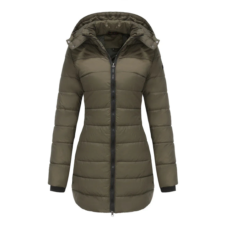 Women's olive green padded winter jacket with hood and front zipper