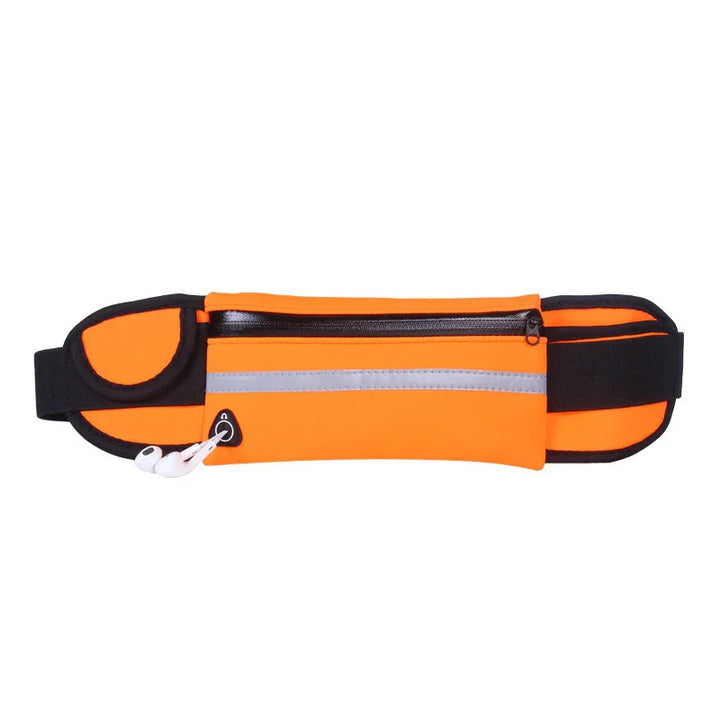 Orange running belt with black trim, reflective strip, zipper pocket, and earphone port