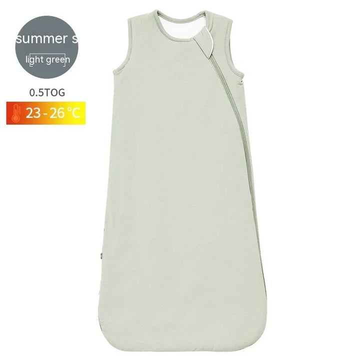 Light green sleeveless baby sleep sack with diagonal zipper, 0.5 TOG for summer, suitable for 23-26°C