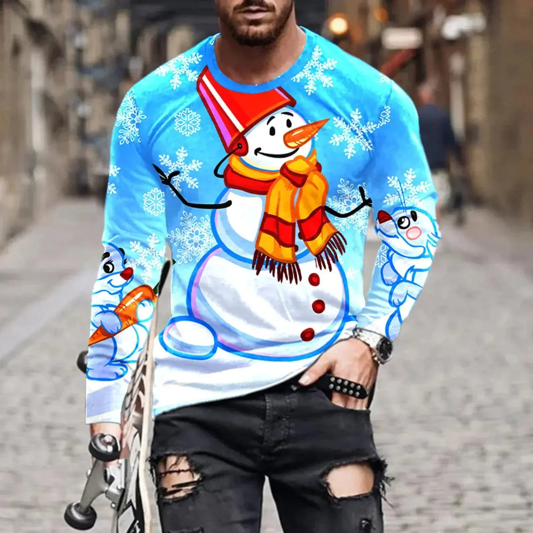 Man wearing blue Christmas sweater with snowman and snowflakes holding skateboard on street