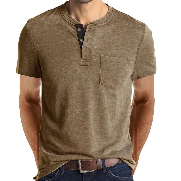 Men's casual short sleeve henley t-shirt with chest pocket and button placket in brown