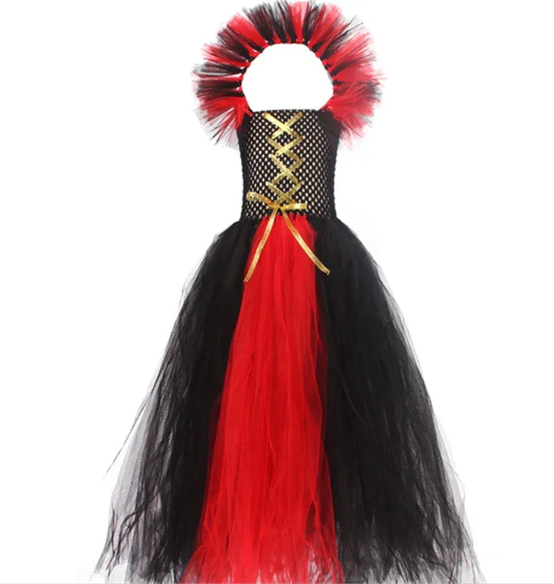 Black and red tutu dress with gold lace-up bodice and ruffled shoulder straps on white background