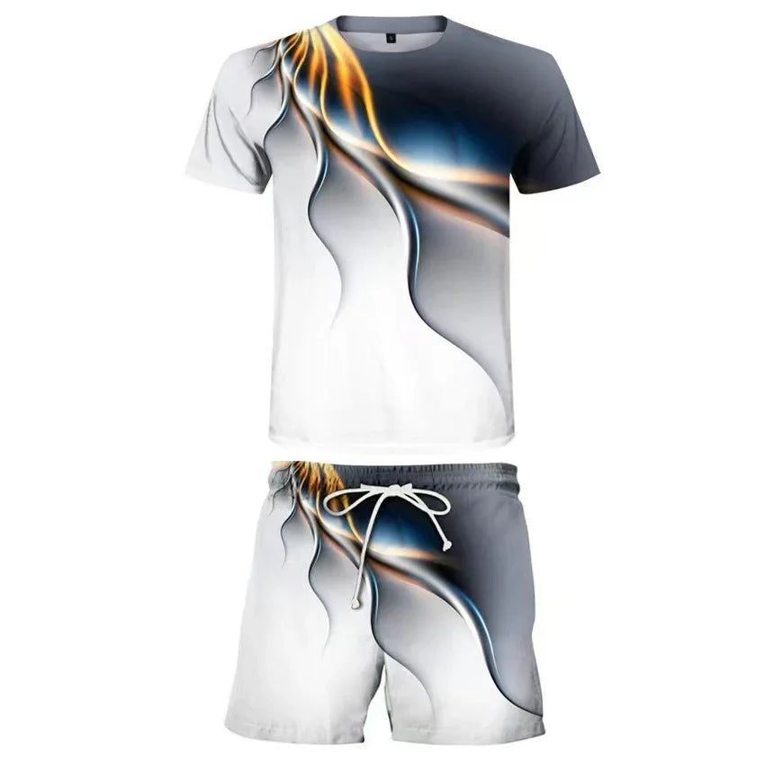 White and gray t-shirt and shorts set with abstract blue and orange flame-like design