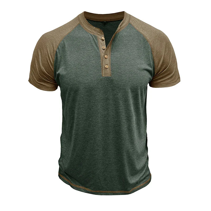Men's casual Henley t-shirt with green body and brown raglan sleeves and button placket