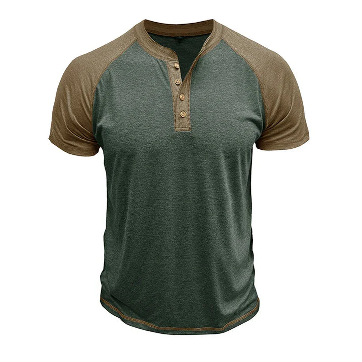 Men's casual Henley t-shirt with green body and brown raglan sleeves and button placket