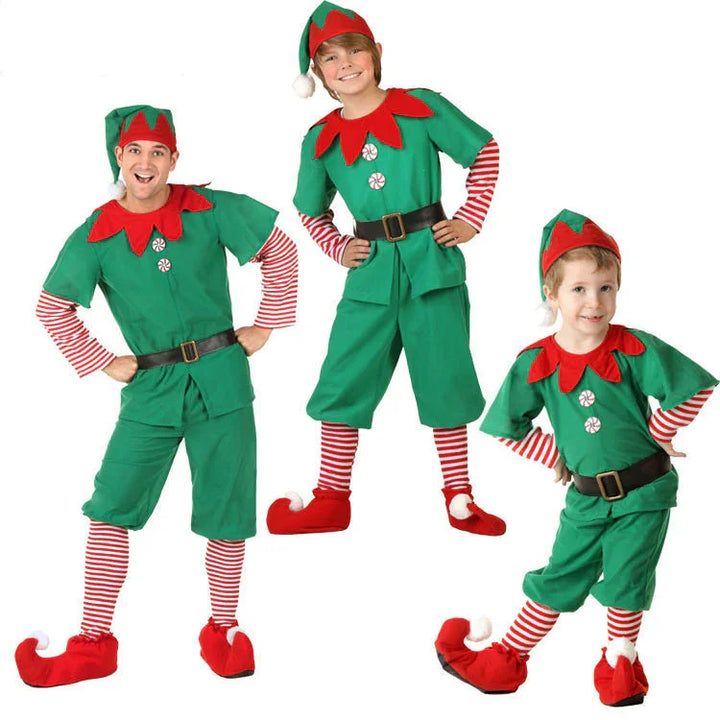 Three people wearing green and red Christmas elf costumes with striped sleeves and stockings, and curled elf shoes