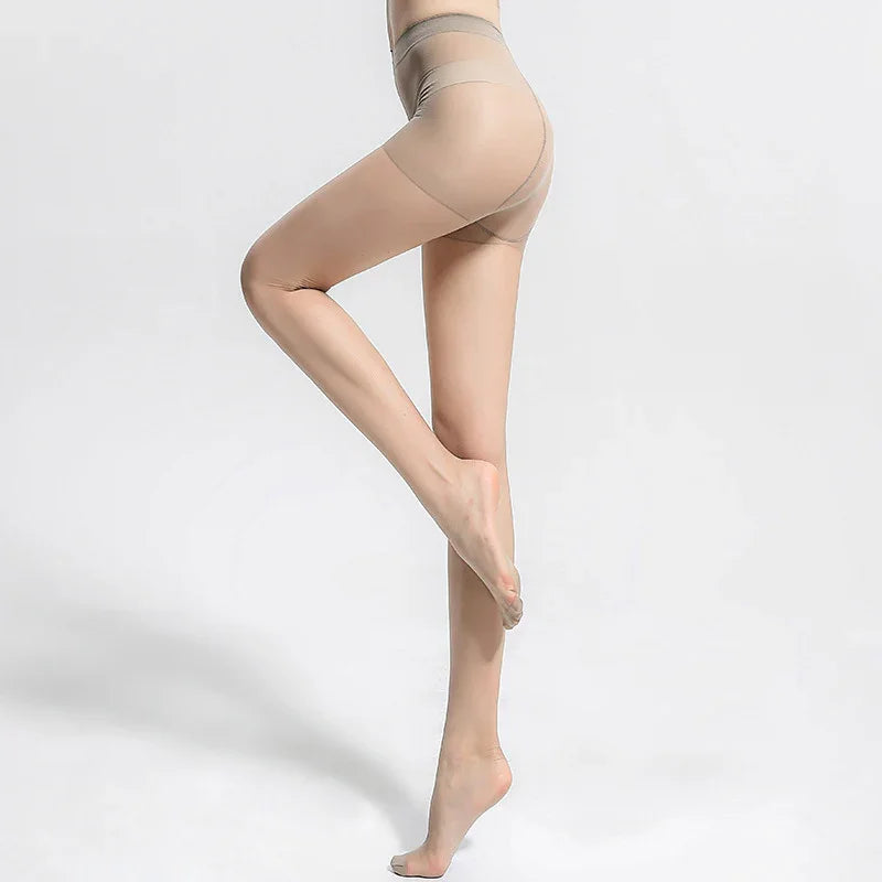 woman wearing nude seamless sheer pantyhose with reinforced toe and shorts section