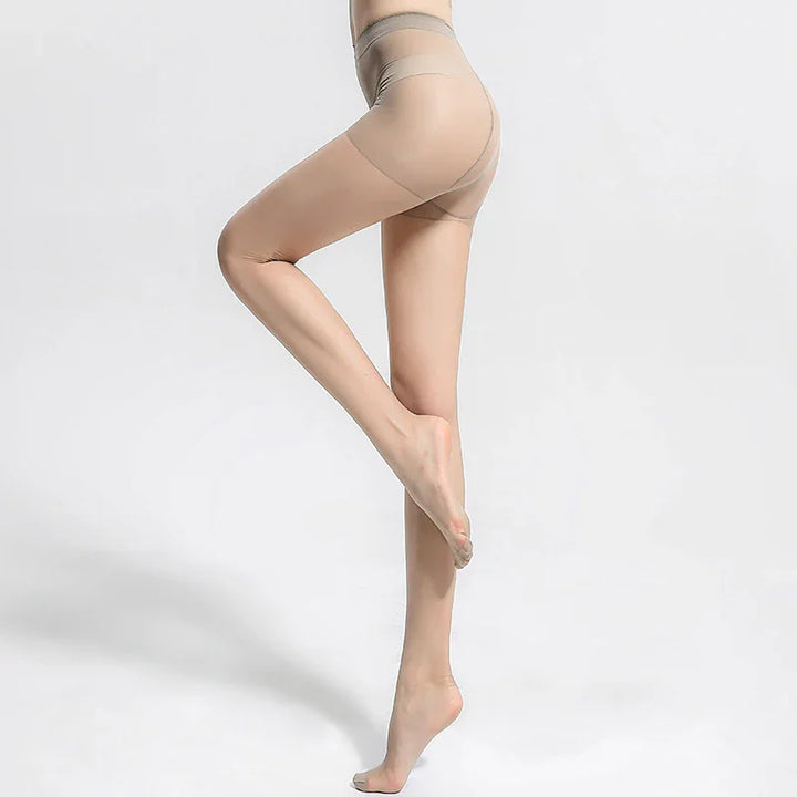 woman wearing nude seamless sheer pantyhose with reinforced toe and shorts section