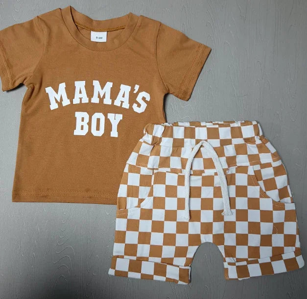Brown toddler t-shirt with "MAMA'S BOY" text and matching brown and white checkered shorts