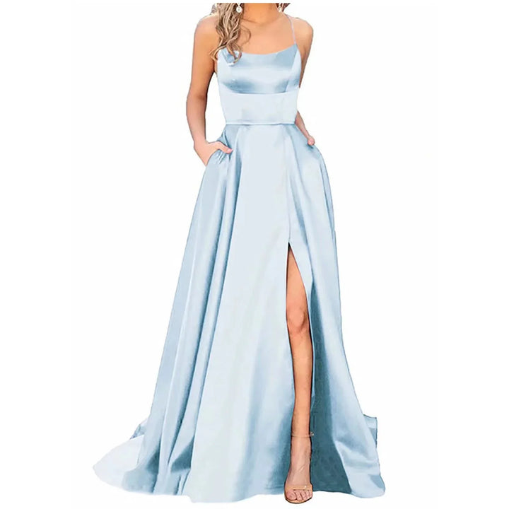 Elegant light blue satin evening gown with spaghetti straps and thigh-high slit