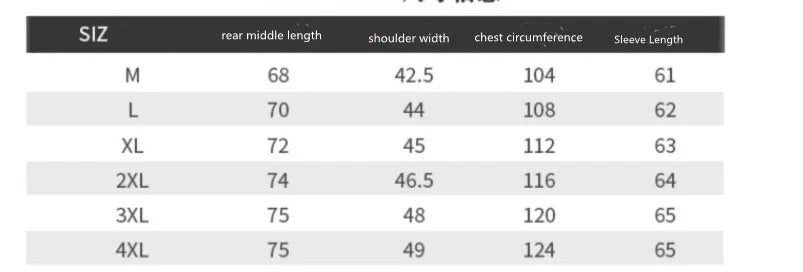 Clothing size chart table showing rear middle length, shoulder width, chest circumference, and sleeve length for sizes M to 4XL