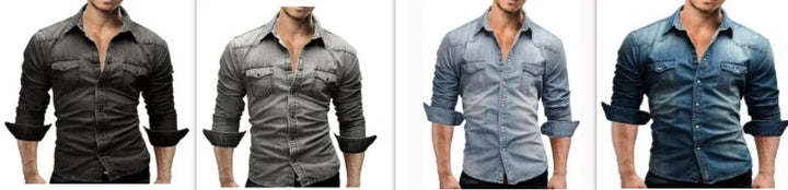 Men's slim fit long sleeve casual denim shirts in black, gray, light blue, and dark blue colors