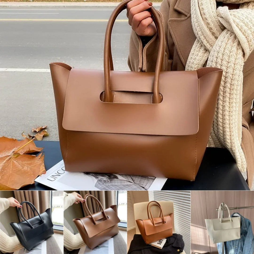 Stylish brown leather tote handbag with dual handles, showcased in various colors and indoor settings