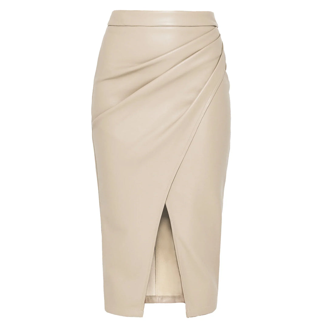 Beige faux leather pencil skirt with front wrap design and front slit