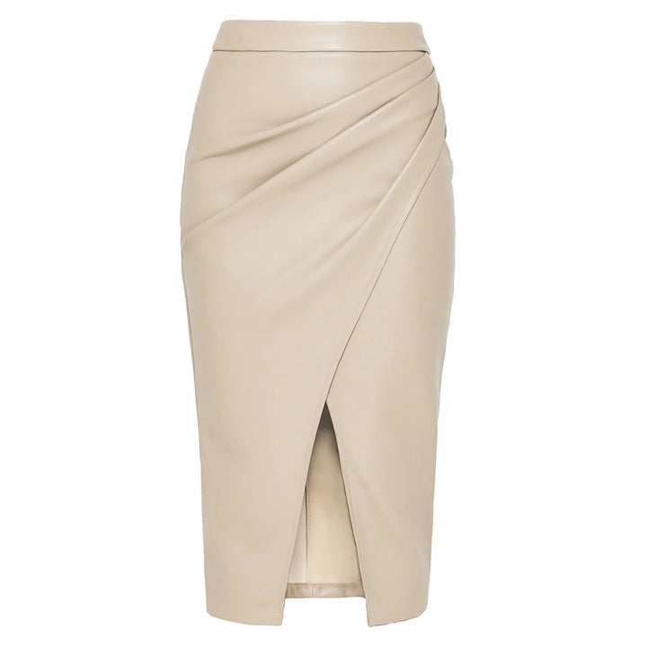 Beige faux leather pencil skirt with front wrap design and front slit