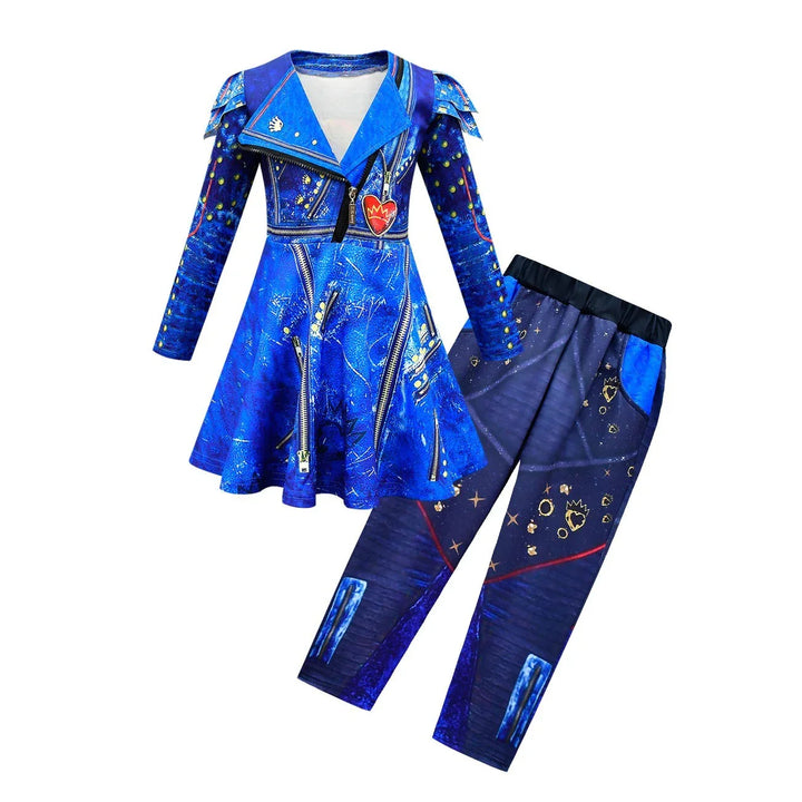 Blue girls' two-piece outfit with long sleeved jacket dress and printed pants featuring star and heart designs