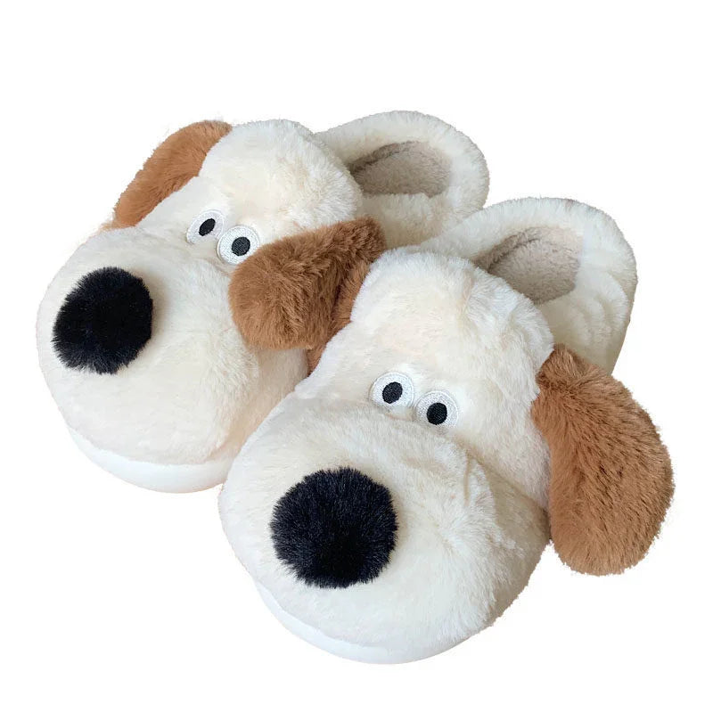 Soft fluffy dog-themed slippers with brown ears and black noses for cozy indoor wear