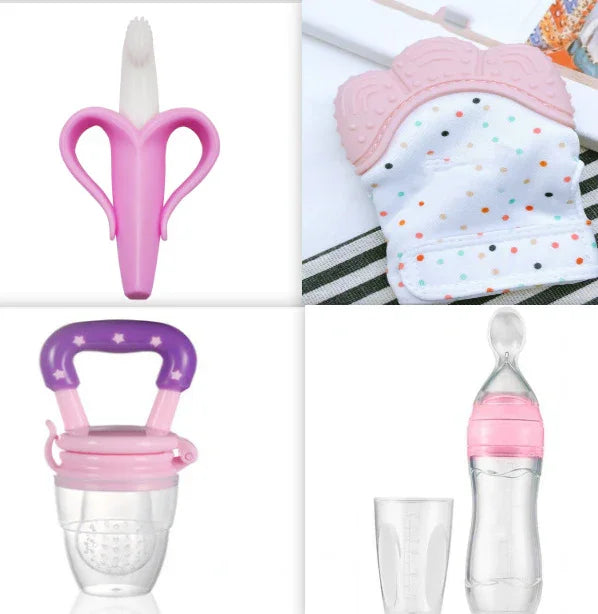 Set of four baby feeding and teething products including a banana-shaped toothbrush, dotted teething glove, purple handle feeder, and pink-necked baby bottle with cup