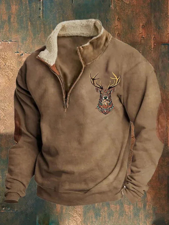 Brown fleece pullover with half-zip and detailed colorful deer head embroidery on chest