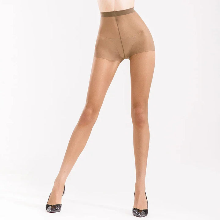 Legs wearing sheer nude pantyhose with high-waist shorts and black high heels