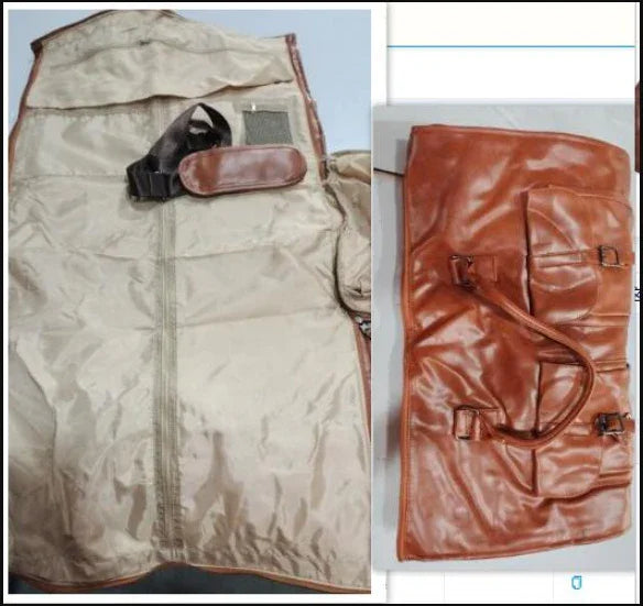 Unfolded light beige vest with attached belt and brown leather padded strap next to folded brown leather bag with buckles and handle