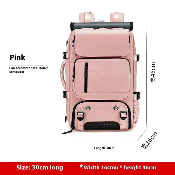 Pink backpack with multiple pockets, fits 16 inch laptop, measures 30x16x46cm