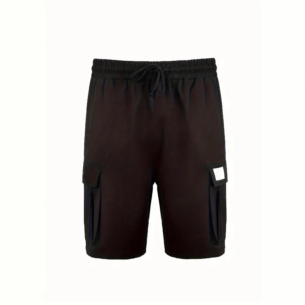 Black cargo shorts with elastic waistband and drawstring, featuring side flap pockets