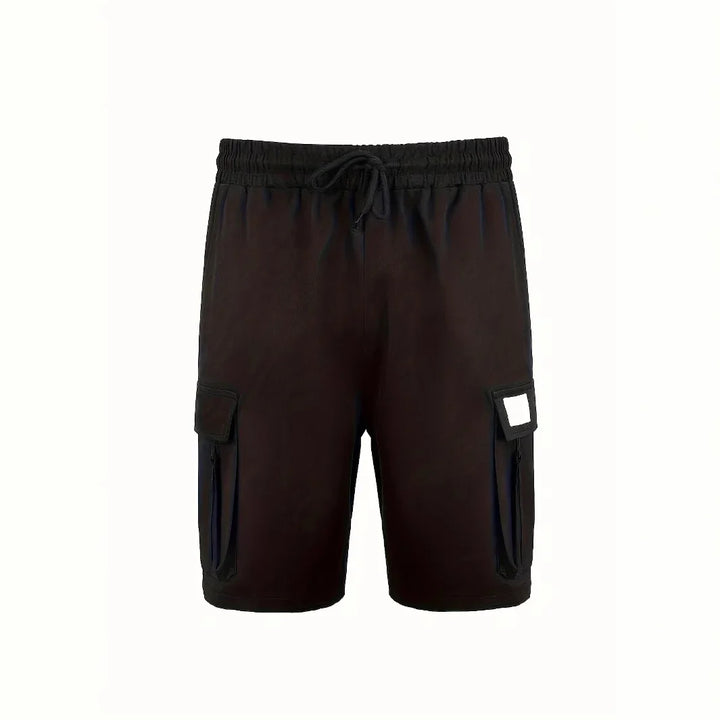 Black cargo shorts with elastic waistband and drawstring, featuring side flap pockets