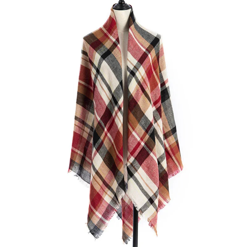 Large soft plaid wrap shawl in red, beige, black, and brown colors displayed on mannequin