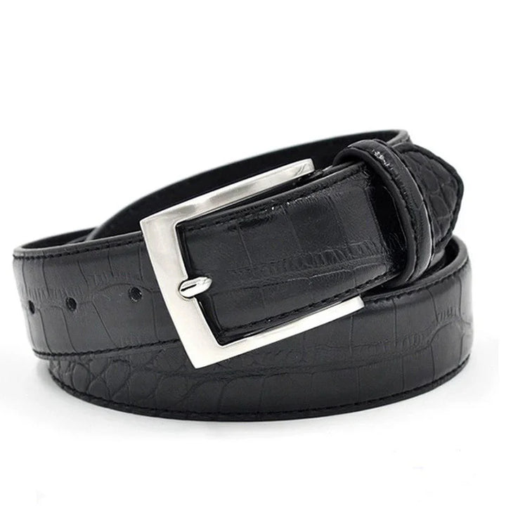 Black leather belt with crocodile texture and silver rectangular buckle