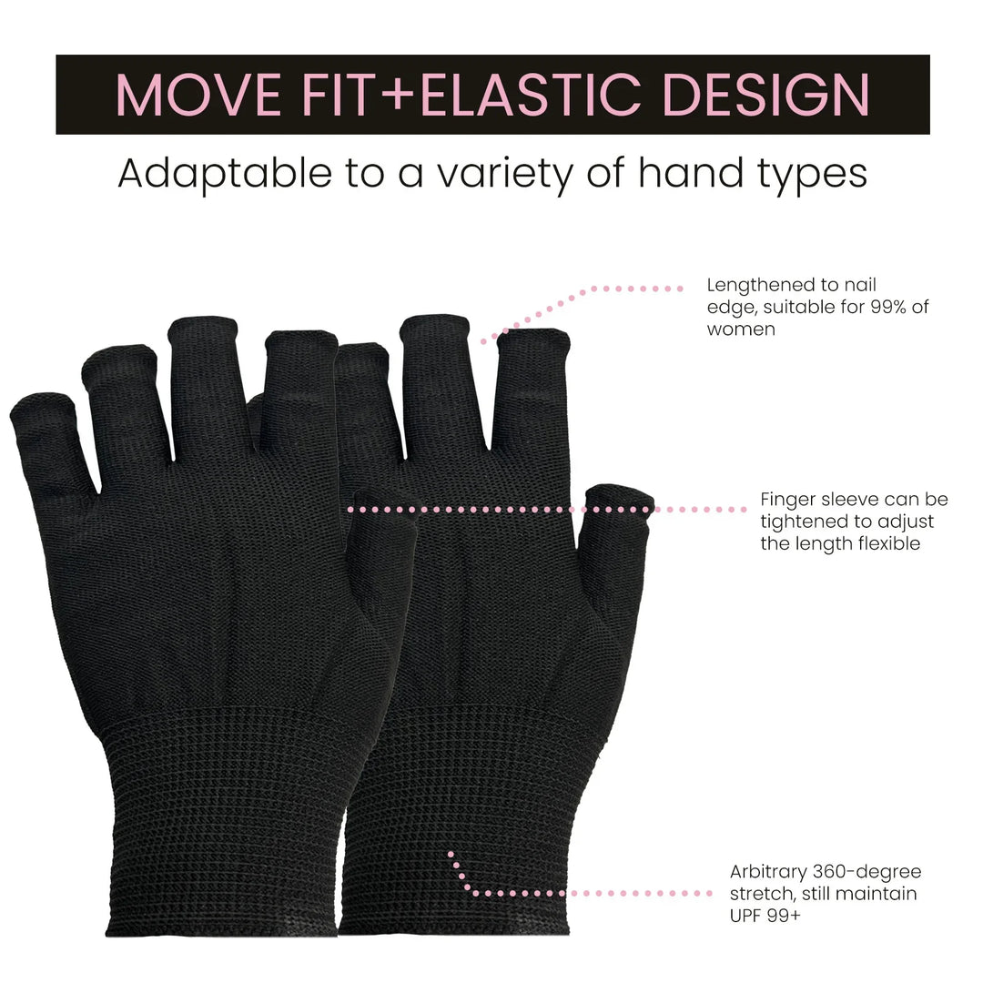 Black move fit elastic fingerless gloves with adjustable length and UPF 99+ stretch design