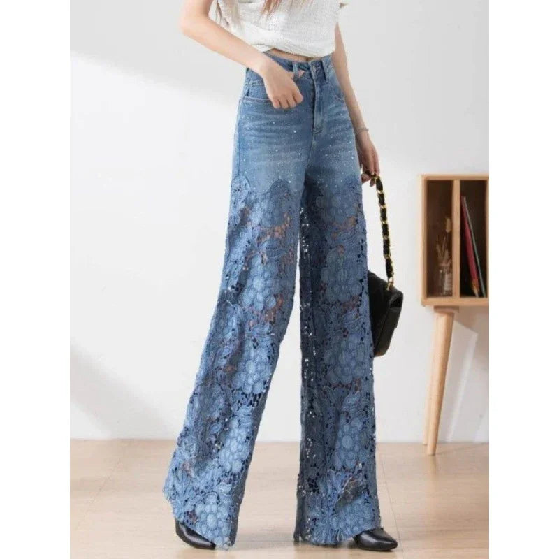 High waist wide-leg jeans with blue floral lace panels and sheer knit top outfit