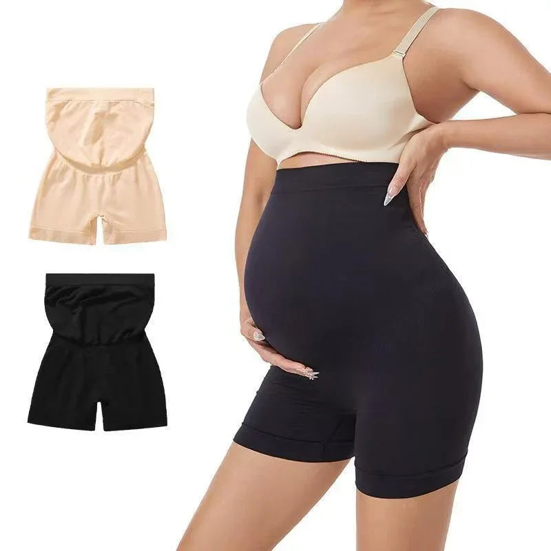 Pregnant woman wearing black maternity support shorts with beige and black shorts displayed on side