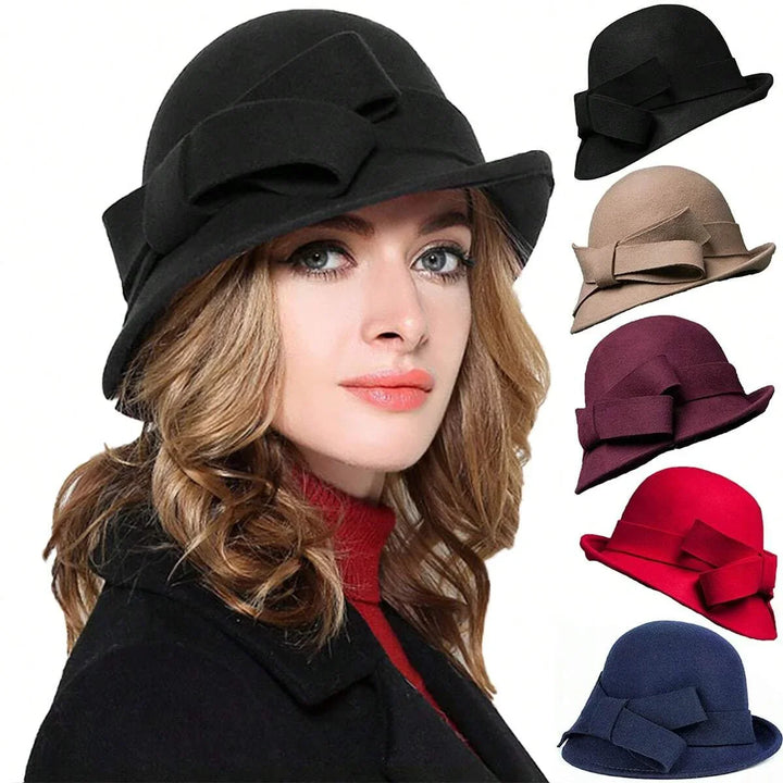 Woman wearing black wool cloche hat with bow detail, shown with beige, purple, red, and navy options