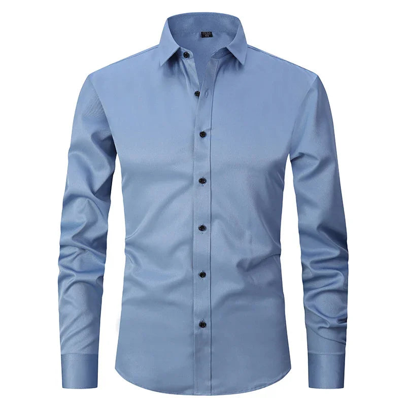 Men's light blue slim fit dress shirt with long sleeves and black buttons