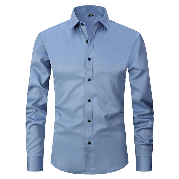 Men's light blue slim fit dress shirt with long sleeves and black buttons
