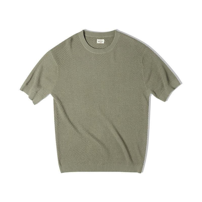 Light olive green textured short-sleeve knit sweater with crew neckline