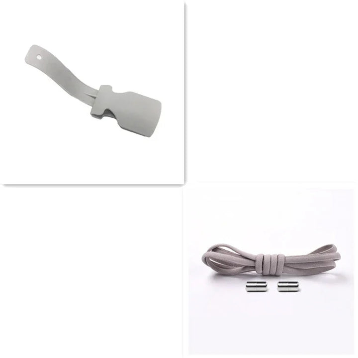 Grey silicone shoe horn, elastic shoelace, and two silver shoelace tips on white background
