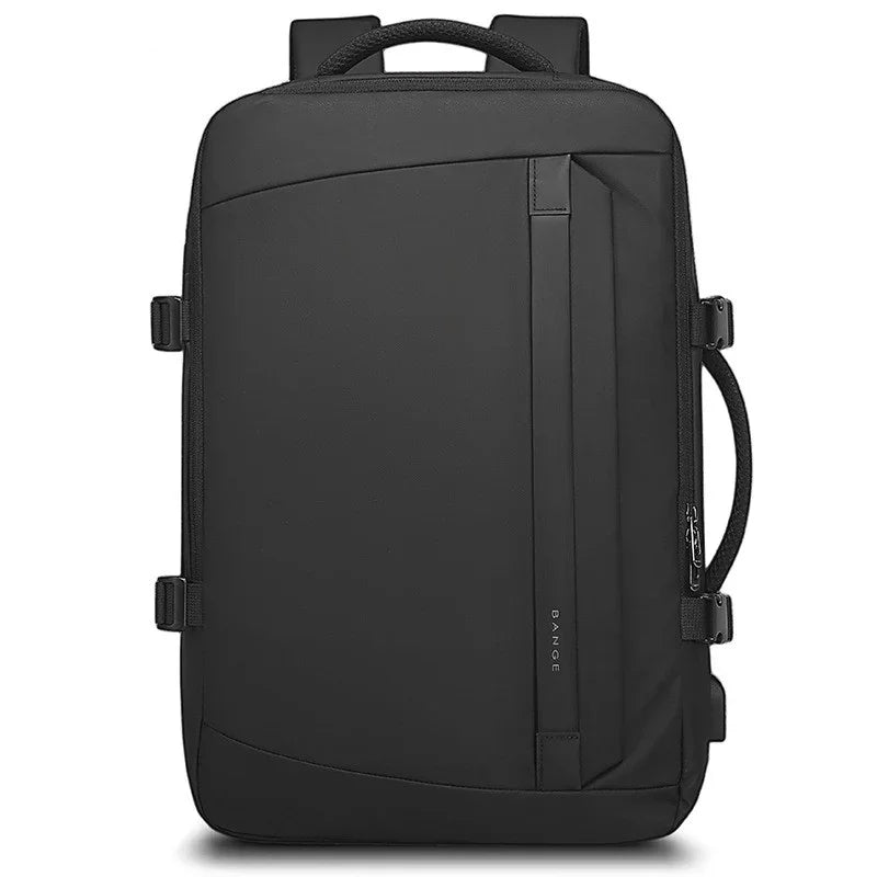 Black sleek BANGE backpack with top and side handles, minimalist modern design