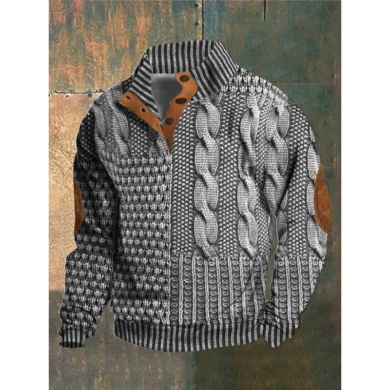 Gray and black knitted men's sweater with cable patterns, striped collar, and brown elbow patches