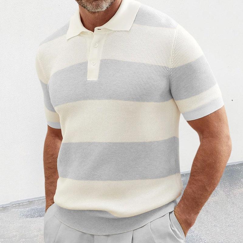 Man wearing short-sleeve knit polo shirt with wide cream and light gray stripes